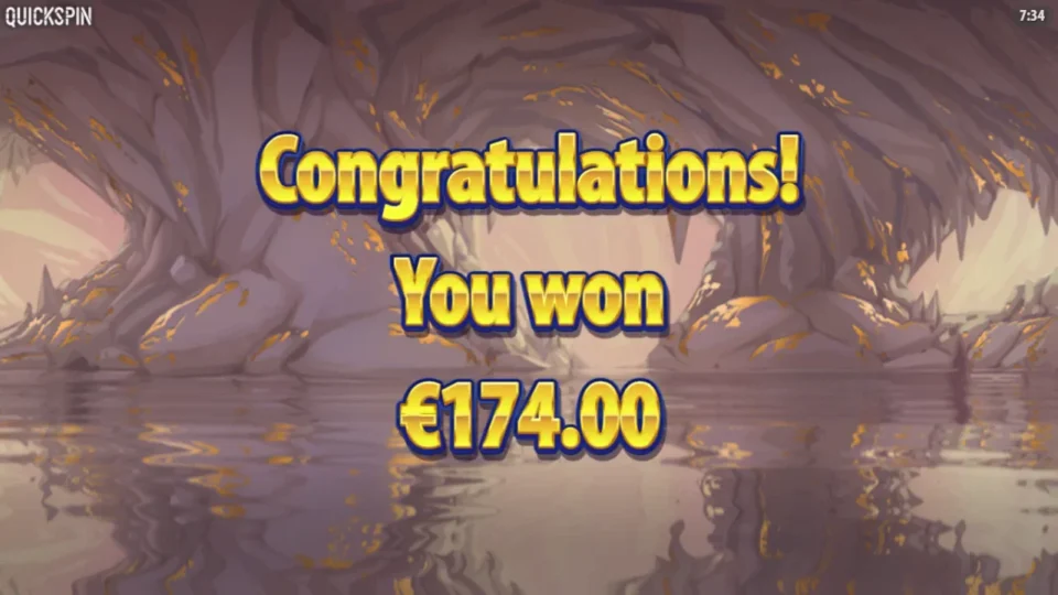 Dwarfs Gone Wild: A congratulatory screen displays the EUR 174 result after ten free spins