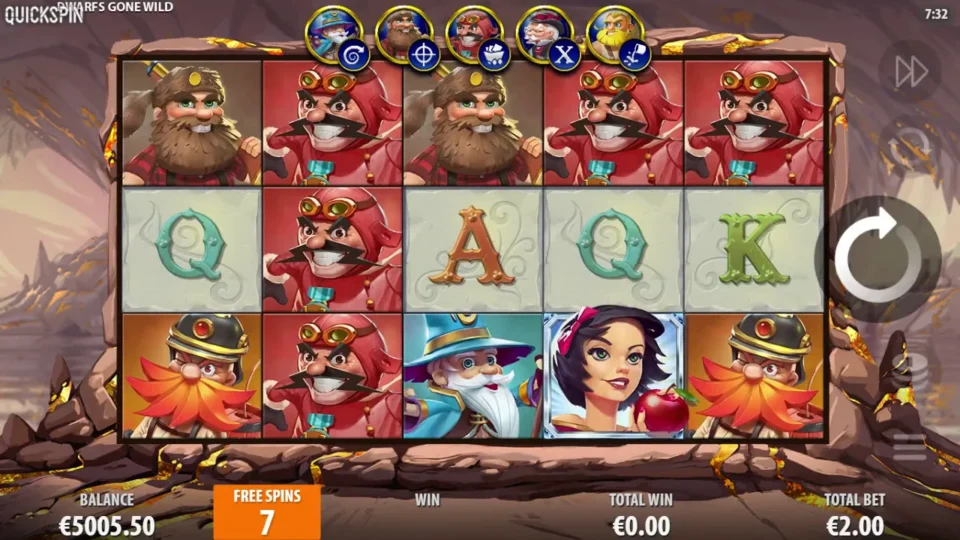 Dwarfs Gone Wild: Seven free spins begin with five Dwarf abilities available above the reels