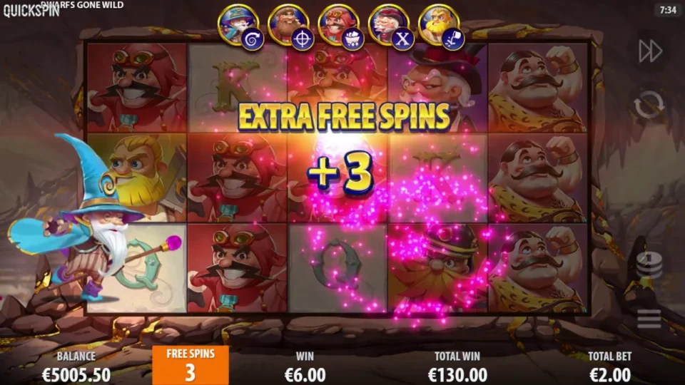 Dwarfs Gone Wild: Wizard adds three spins when the running total has reached EUR 130