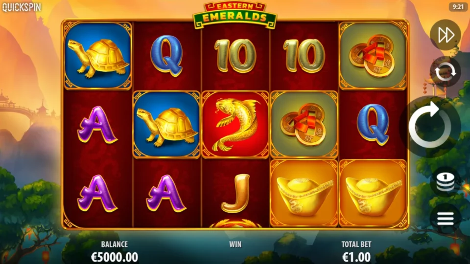 Eastern Emeralds: Start screen at the EUR 1.00 default bet, with koi, turtles and gold ingots across the 5x3 reels