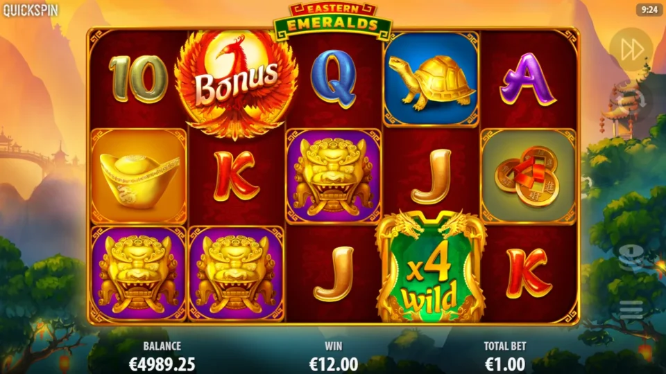 Eastern Emeralds: An x4 Wild on reel 4 and a phoenix Bonus on reel 2 in a EUR 12.00 win