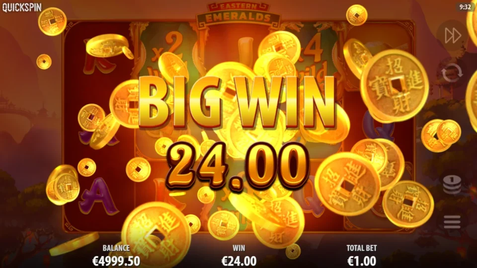 Eastern Emeralds: EUR 24.00 big win built on an x2 Wild on reel 2 and an x4 Wild on reel 4