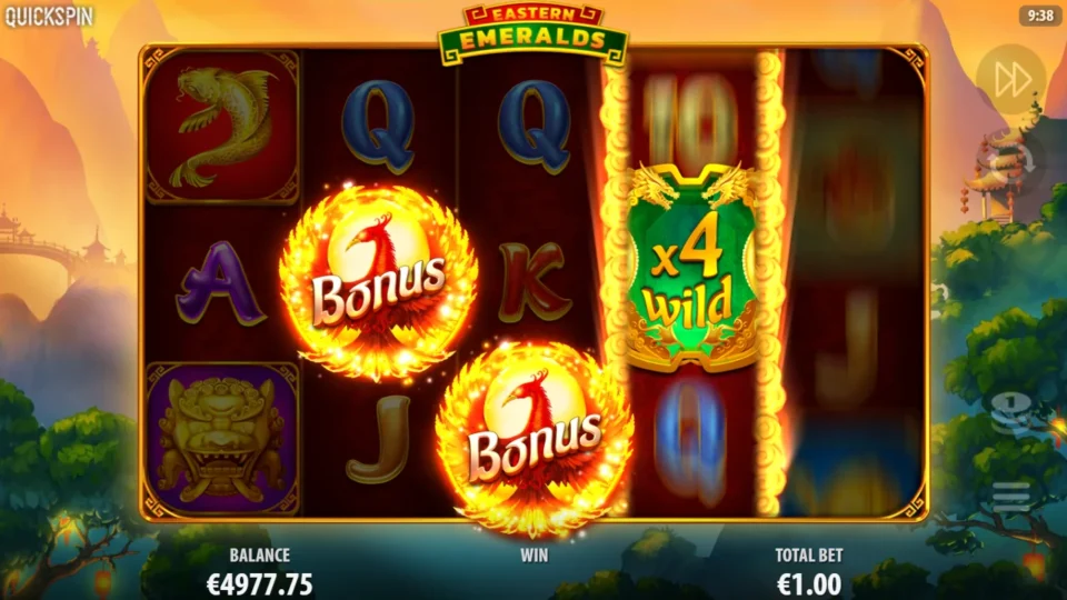 Eastern Emeralds: Two phoenix Bonus symbols already down on reels 2 and 3 while reels 4 and 5 keep turning on the triggering spin
