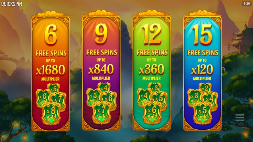 Eastern Emeralds: Destiny Bonus choice between 6, 9, 12 and 15 free spins, the 6-spin card promising Wilds up to x8 and a x1680 ceiling