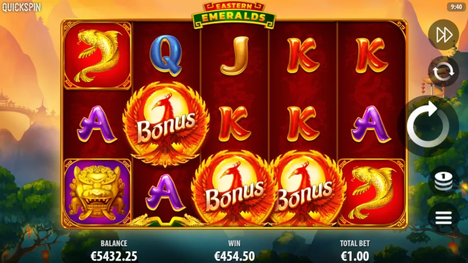 Eastern Emeralds: The six free spins close on EUR 454.50, the result shown on the base reels at EUR 1.00
