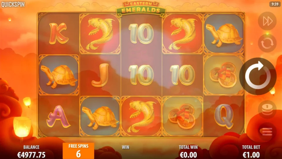 Eastern Emeralds: The free spins screen opens with six spins on the counter and nothing won yet