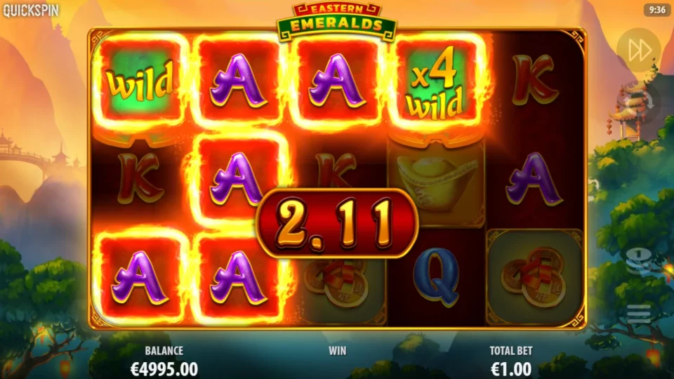 Eastern Emeralds: A line of Aces from the reel 1 Wild to an x4 Wild on reel 4 lights up at EUR 2.11 as the win counts