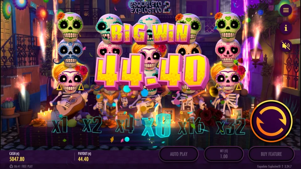 Esqueleto Explosivo 2 – Reborn: BIG WIN 44.40 lands at the x8 step after a chain of drops, with Golden Catrinas left on three reels