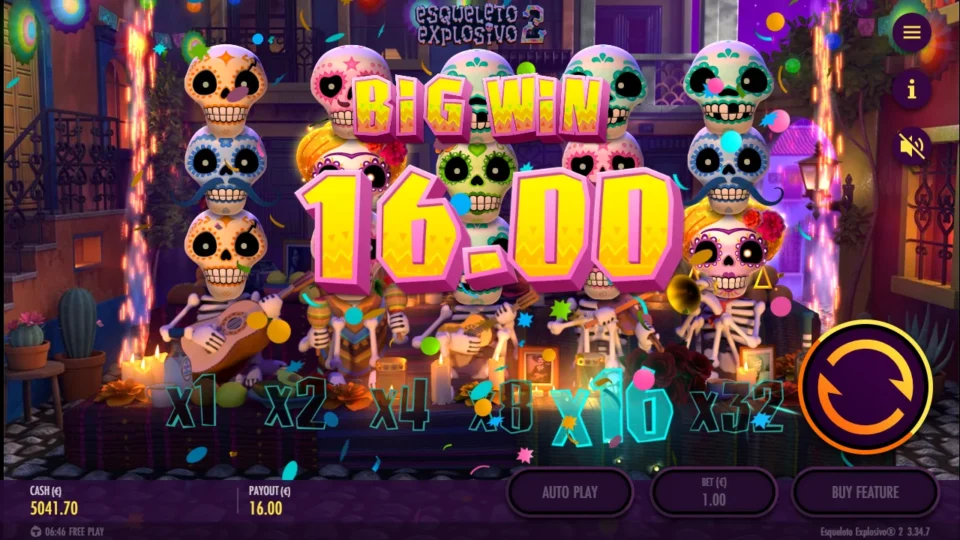 Esqueleto Explosivo 2 – Reborn: The x16 step glows beneath a BIG WIN of EUR 16.00
