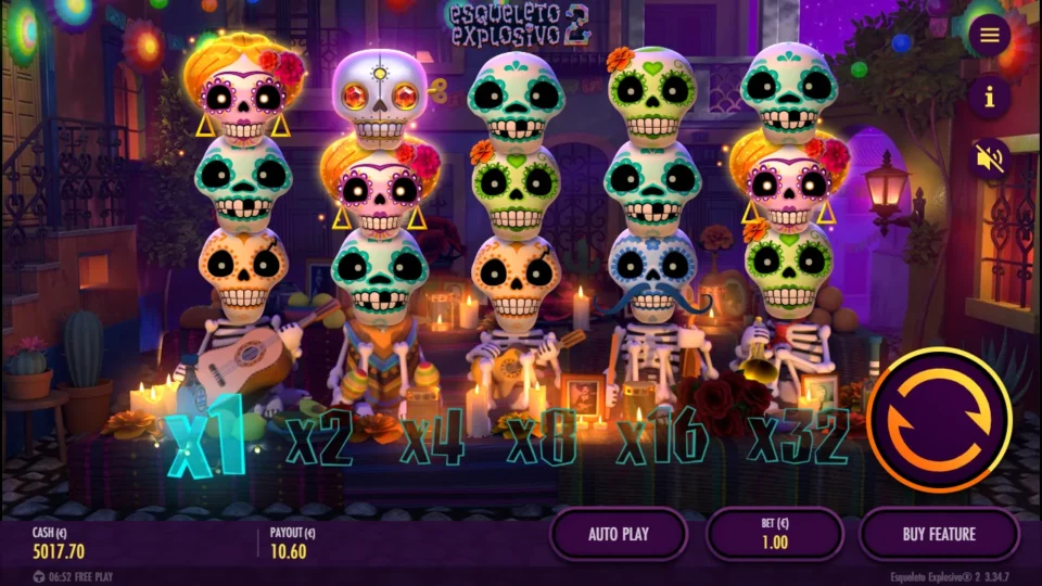 Esqueleto Explosivo 2 – Reborn: An Explosivo Wild rests on reel two after a EUR 10.60 round, Catrinas on reels one, two and five