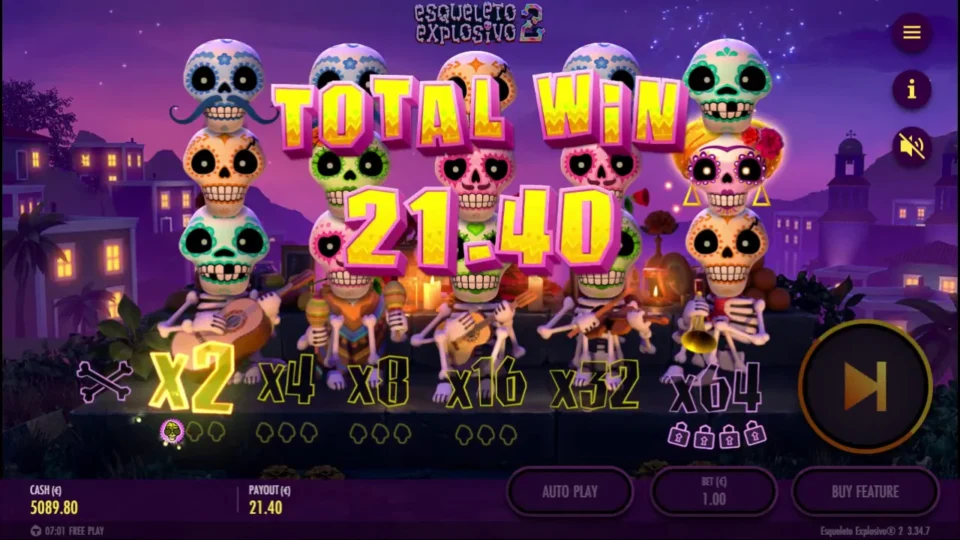 Esqueleto Explosivo 2 – Reborn: Ten purchased spins end on TOTAL WIN 21.40 with the ladder base still at x2
