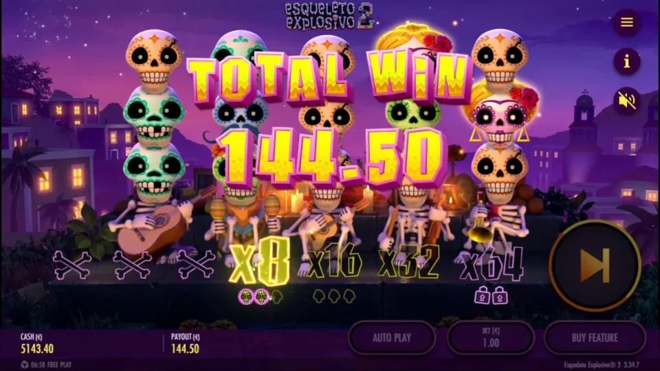Esqueleto Explosivo 2 – Reborn: The natural bonus result shows TOTAL WIN 144.50 with the ladder base raised to x8