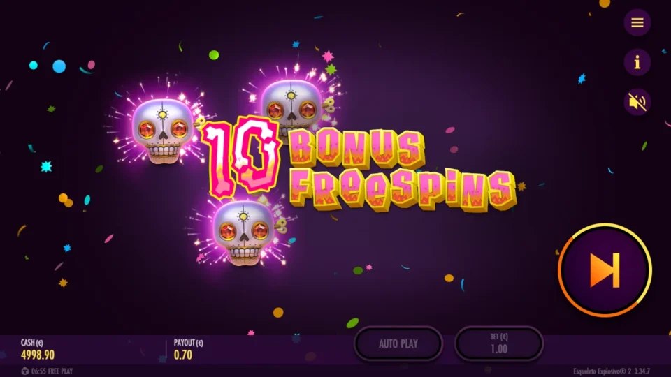 Esqueleto Explosivo 2 – Reborn: Three Scatter skulls announce 10 BONUS FREESPINS after a EUR 0.70 triggering spin