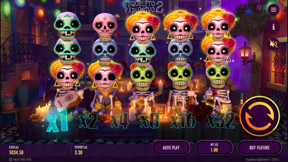 Esqueleto Explosivo 2 – Reborn: Golden Catrinas spread across all five reels settle for EUR 3.30 at x1