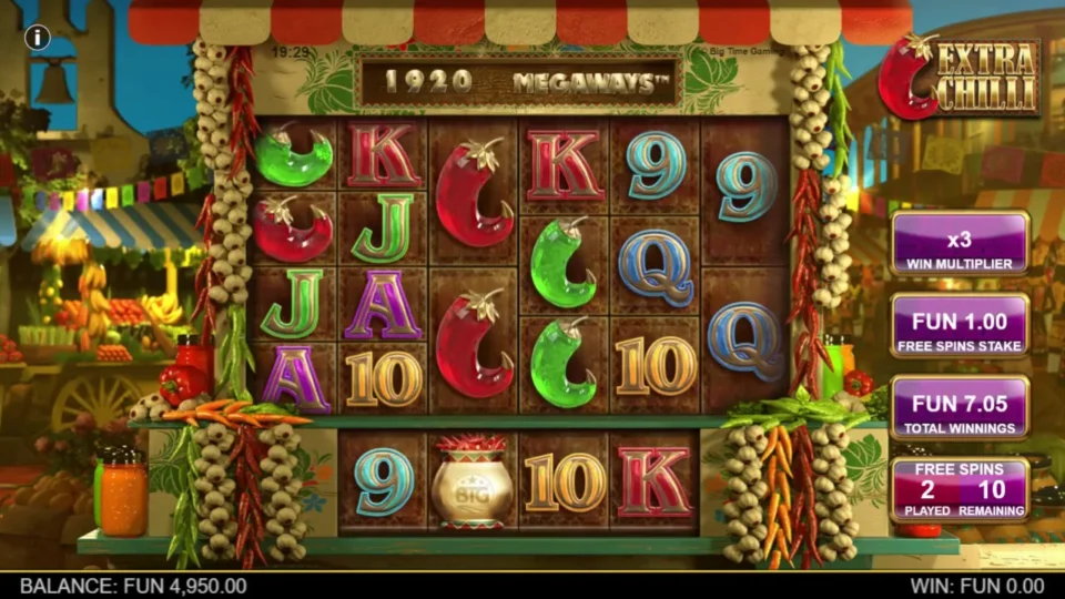 Extra Chilli: After two free spins, the multiplier stands at x3 and total winnings show FUN 7.05.