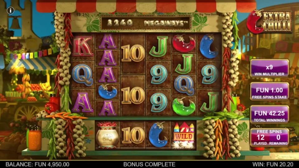 Extra Chilli: Bonus result of FUN 42.25 after 12 free spins, with the multiplier finishing at x9.