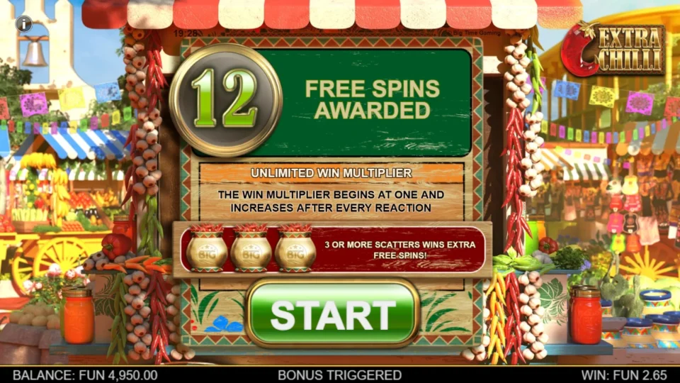 Extra Chilli: 12 free spins accepted, with FUN 2.65 already won on the triggering round.