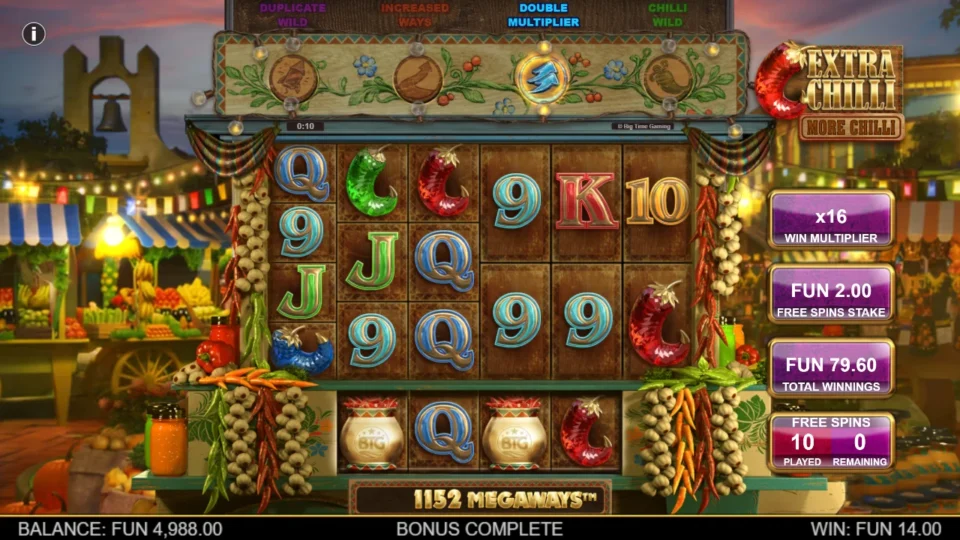 Extra Chilli More Chilli: Ten spins played, none remaining and FUN 79.60 in TOTAL WINNINGS at x16, the result of the bonus