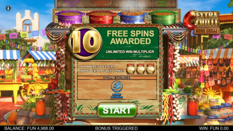 Extra Chilli More Chilli: Free spins start card listing Double Multiplier as the single Chilli Bonus and an unlimited win multiplier