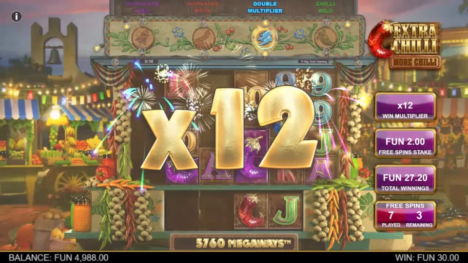 Extra Chilli More Chilli: x12 banner on free spin 7 of 10 while WIN shows FUN 30.00 and FUN 27.20 is already banked