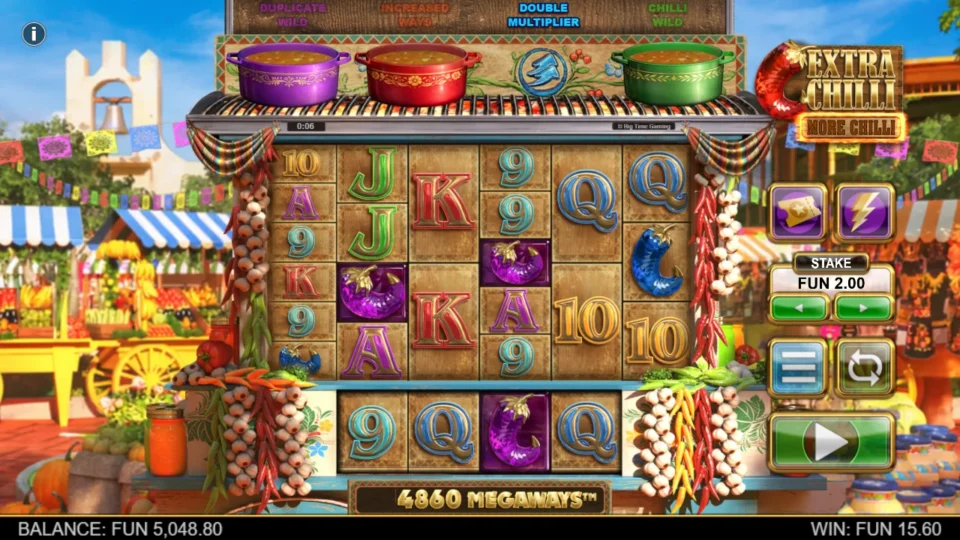Extra Chilli More Chilli: Double Multiplier icon in place of the blue pot during a base respin on 4,860 Megaways, WIN at FUN 15.60