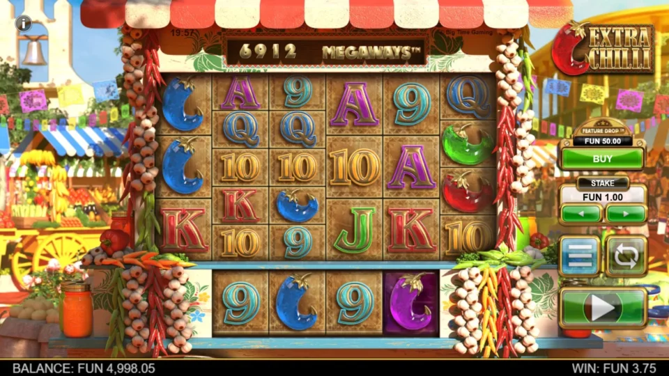 Extra Chilli: 6,912 Megaways on the final screen of a FUN 3.75 round, with blue chillies on the first reel.