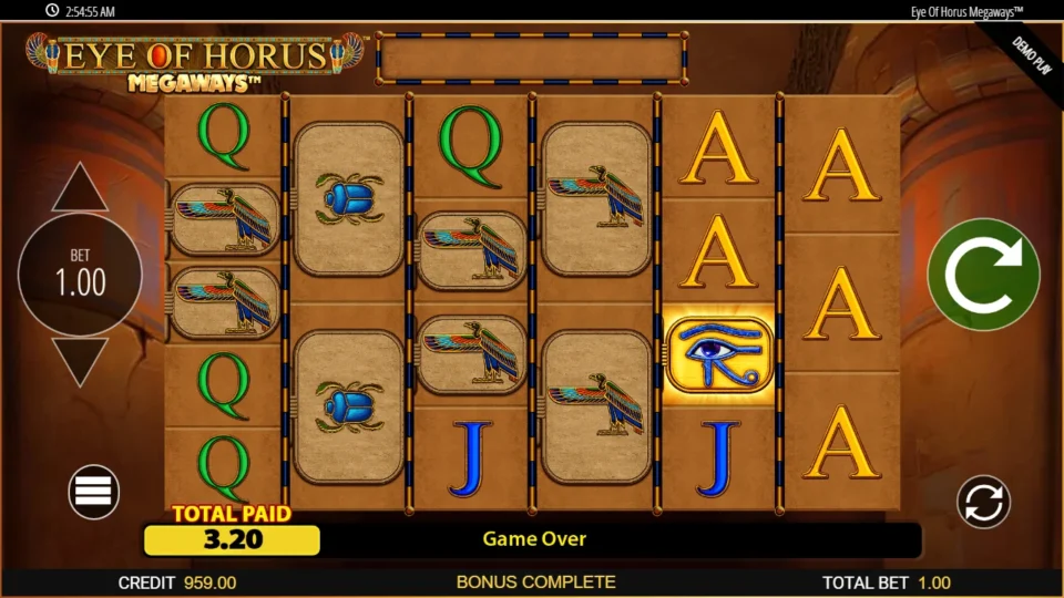 Eye of Horus Megaways: Game Over after fourteen free games with 3.20 total paid, the feature result of the media session