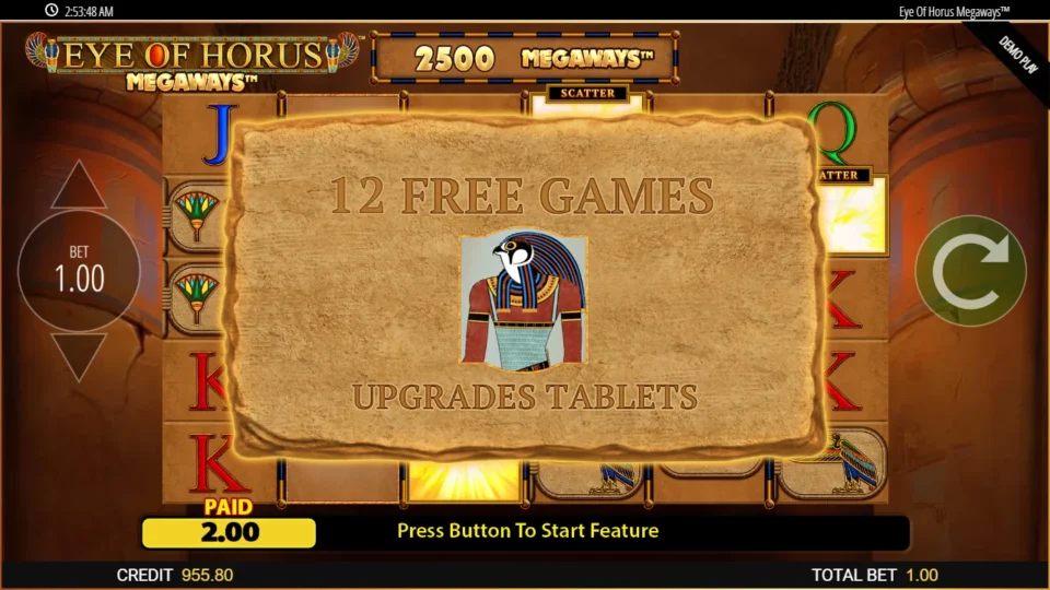 Eye of Horus Megaways: Three Temple Scatters pay 2.00 and open twelve free games, Horus waiting on the board to upgrade the tablets
