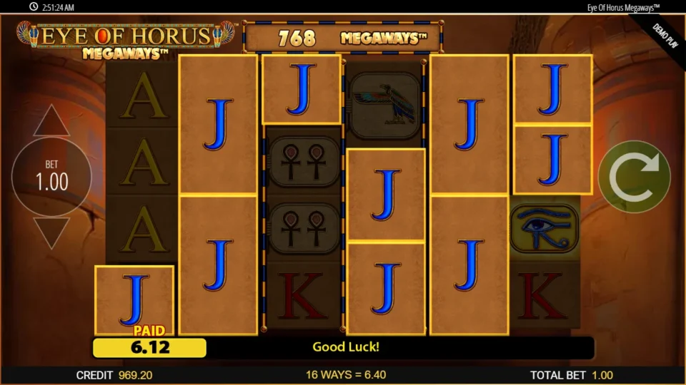Eye of Horus Megaways: Jacks on all six reels pay 16 ways for USD 6.40 on a 768-way screen
