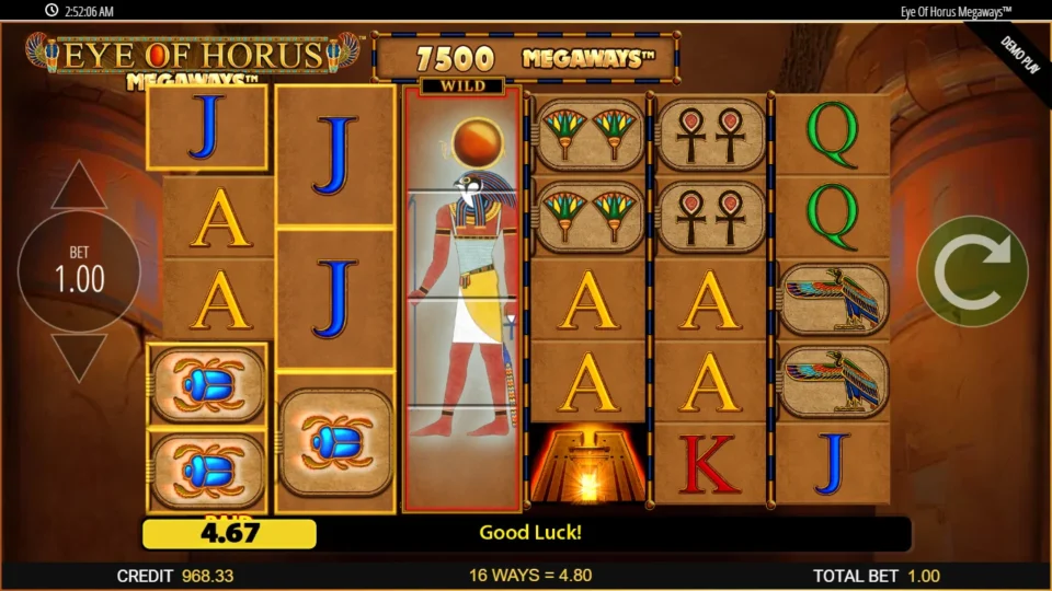 Eye of Horus Megaways: Horus expands over reel three as a Wild and completes 16 ways of Jacks worth USD 4.80 at 7,500 ways