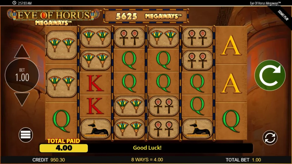 Eye of Horus Megaways: Lotus tablets across four reels pay eight ways for USD 4.00 at 5,625 ways