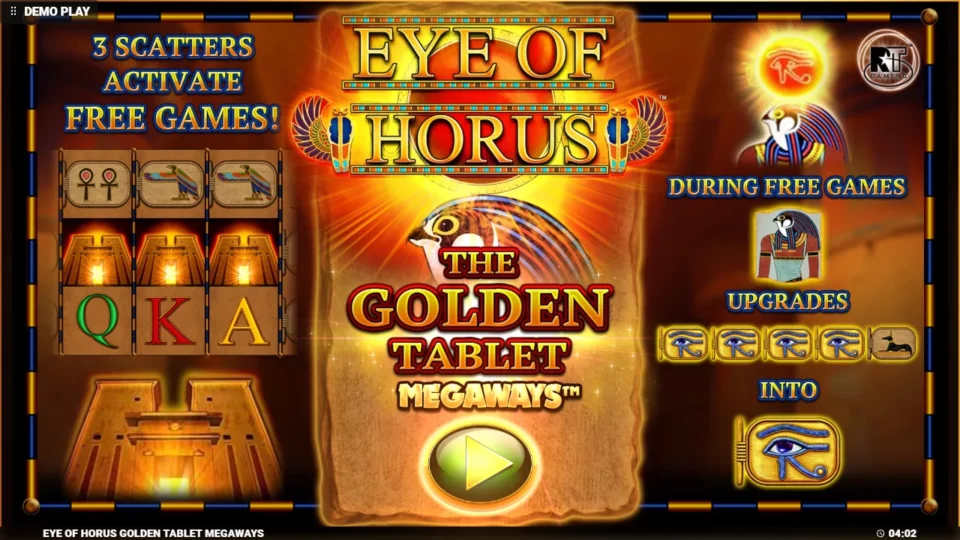 Eye of Horus The Golden Tablet Megaways: Title screen showing three Scatters for free games and Horus upgrading tablets into the Eye of Horus