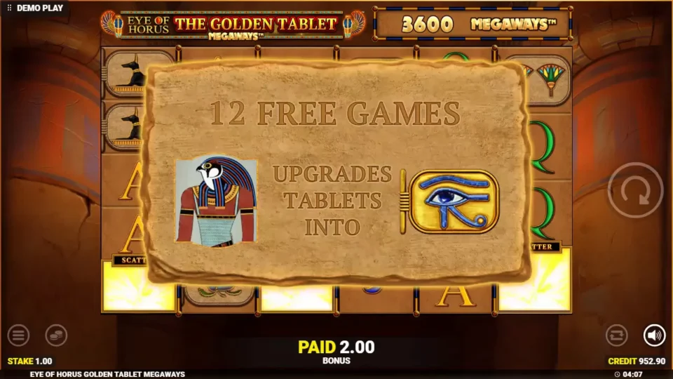 Eye of Horus The Golden Tablet Megaways: Twelve free games, with Horus upgrading the tablets into Eyes of Horus