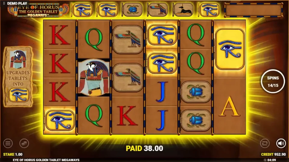 Eye of Horus The Golden Tablet Megaways: Free game 14 of 15, the tablet row above the reels upgraded and 38.00 paid