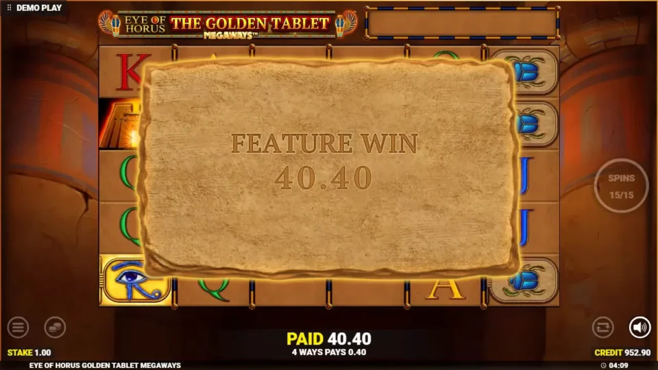 Eye of Horus The Golden Tablet Megaways: Feature Win card with the free games result, 40.40