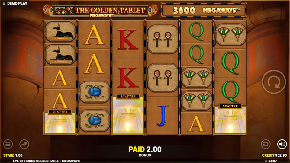 Eye of Horus The Golden Tablet Megaways: Three Temple Scatters land and pay 2.00 as the free games begin