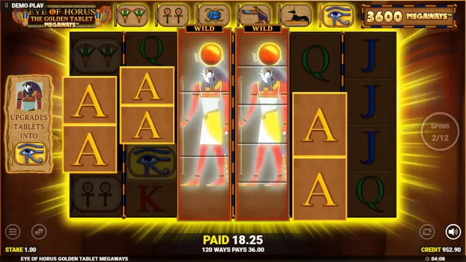 Eye of Horus The Golden Tablet Megaways: Two Horus Wilds expand on the third and fourth reels, 120 ways paying 36.00 on free game 2