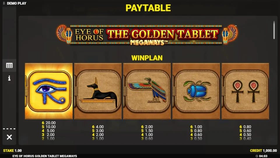 Eye of Horus The Golden Tablet Megaways rules, page 1