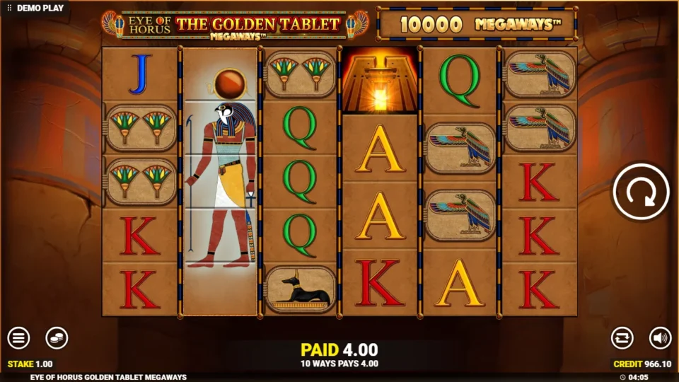 Eye of Horus The Golden Tablet Megaways: Ten ways pay 4.00 around a Horus Wild on a 10,000-way screen
