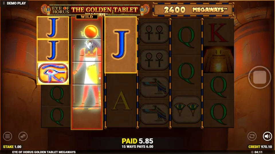 Eye of Horus The Golden Tablet Megaways: A Horus Wild on the second reel pairs with an Eye of Horus and jacks for 6.00 over 15 ways