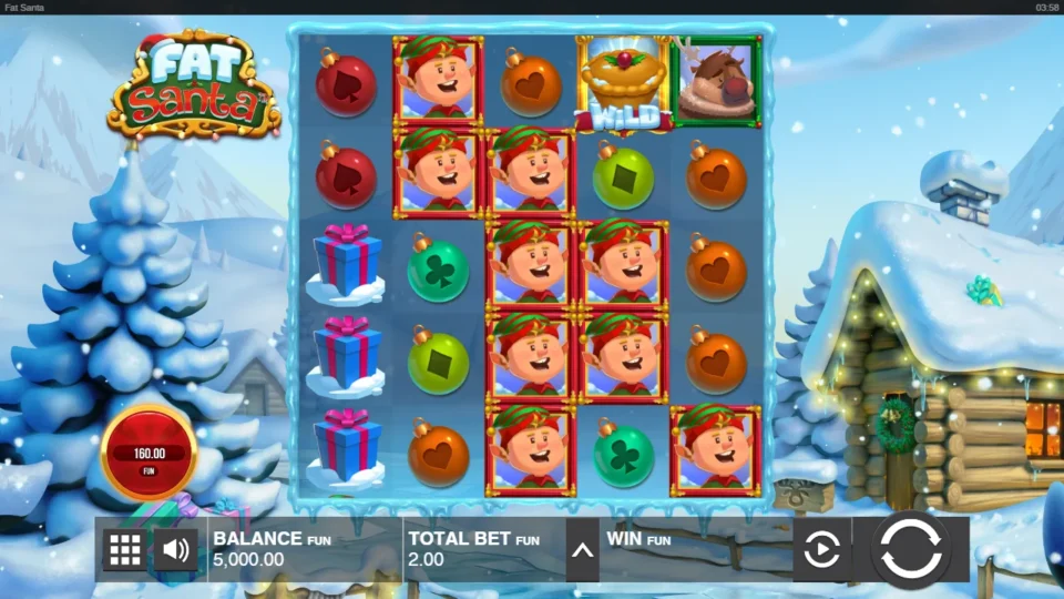 Fat Santa: Five reels of five rows at a FUN 2.00 bet, elves stacked in the middle and the 160.00 buy button on the left