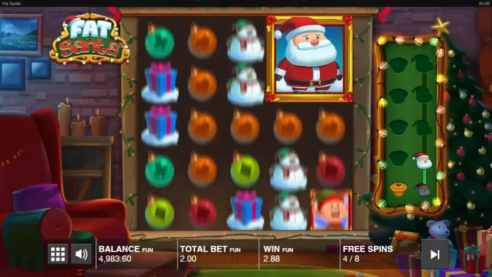 Fat Santa: Santa already 2x2 on free spin 4 of 8, the pie meter filling on the right