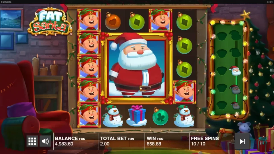 Fat Santa: Elves line up beside the 3x3 Santa on the last free spin, 658.88 won