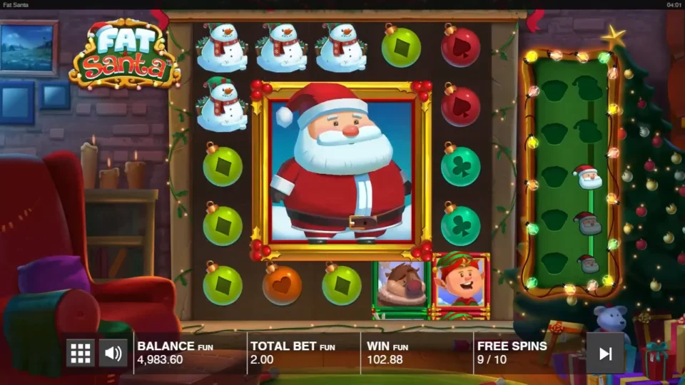 Fat Santa: A 3x3 Santa with one free spin left after this one and 102.88 won so far