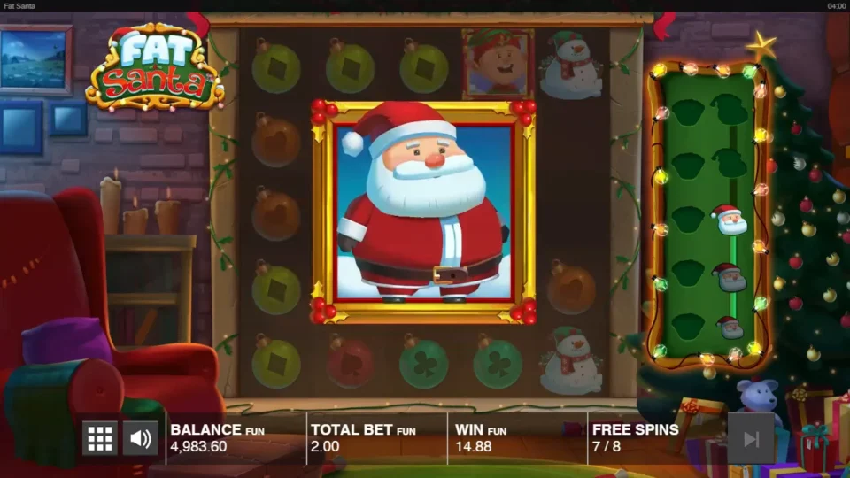 Fat Santa: Santa at 3x3 by free spin 7, with the win counter on 14.88