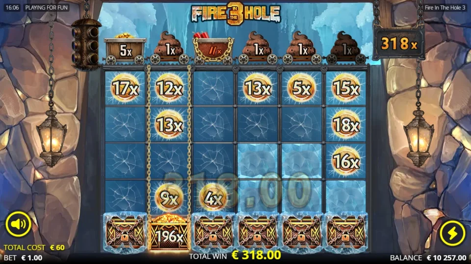 Fire in the Hole 3: Final wagon of the bought round as the result, a 196x Collect Chest under the second reel and 318x on the sign