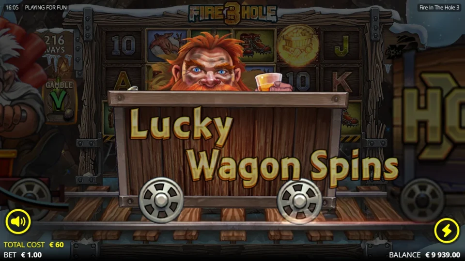 Fire in the Hole 3: The dwarf raises his glass as the Lucky Wagon Spins banner rolls in on the EUR 60 ticket