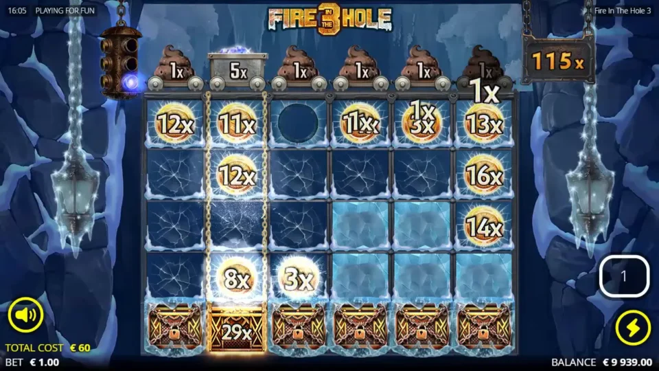 Fire in the Hole 3: Wagon at 115x with four rows open during a Frozen Wagon Spin, a 29x Collect Chest under the second reel and a 5x coin in the top row above it