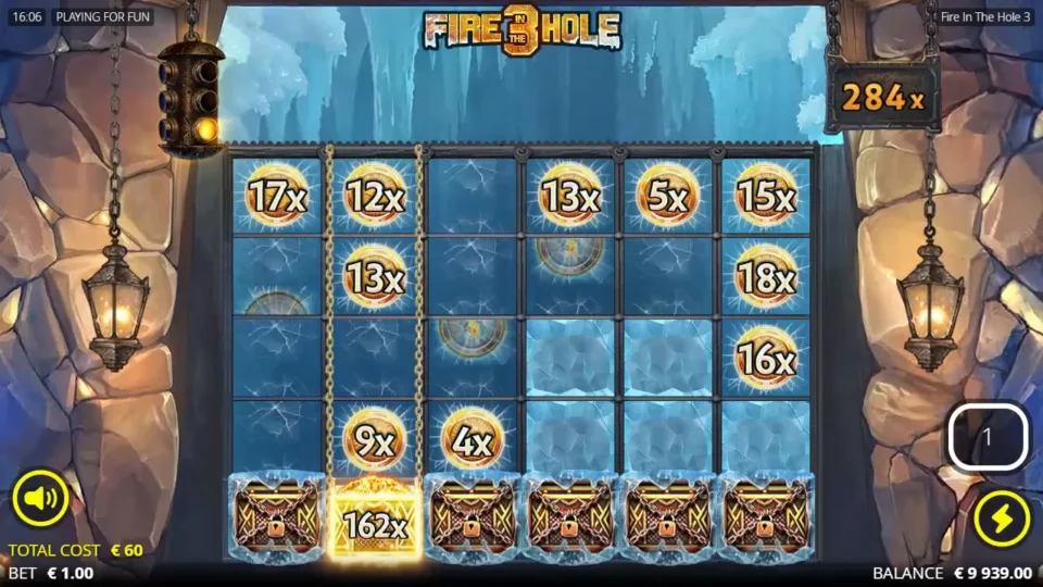 Fire in the Hole 3: The sign reads 284x as the chest under the second reel holds 162x and coins of 15x, 18x and 16x fill the sixth reel