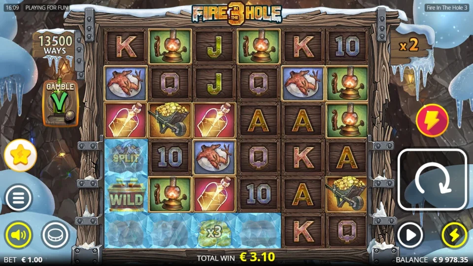 Fire in the Hole 3: A base spin at x2 after an xBomb, a Wild and a Split still buried in the ice and a TOTAL WIN of EUR 3.10 on 13,500 ways
